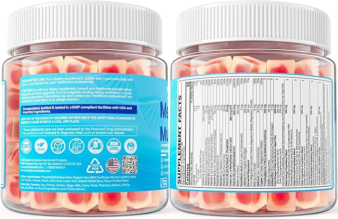 Methylated Multivitamin for Women &amp Men Gummies w/ Omega-3 Calcium D3 K2 Methylfolate &amp B12 TMG Daily Vitamin A C E B Complex Magnesium CoQ10 Probiotic for Overall Health- Vegan Su