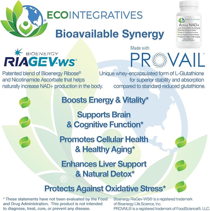 Active NAD+ with Bioavailable Glutathione – Energy Brain &amp Cellular Support Supplement – RiaGev® NAD+ Booster + Provail® Glutathione – 60 Vegetarian Capsules