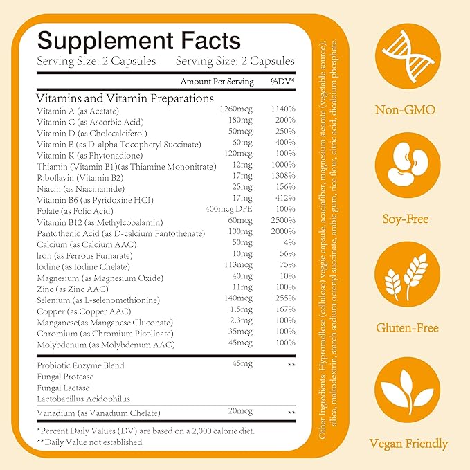 Multivitamin Supplement 26 Complex Vitamins &amp Minerals &amp Probiotics Blend Daily Vitamin Support 120 Capsules