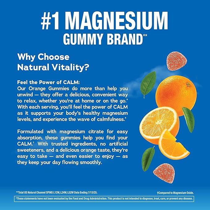 Natural Vitality Calm Magnesium Gummies | 330mg Per Serving | Orange Flavored Supplement | Gluten-Free &amp Vegan | 120 Count