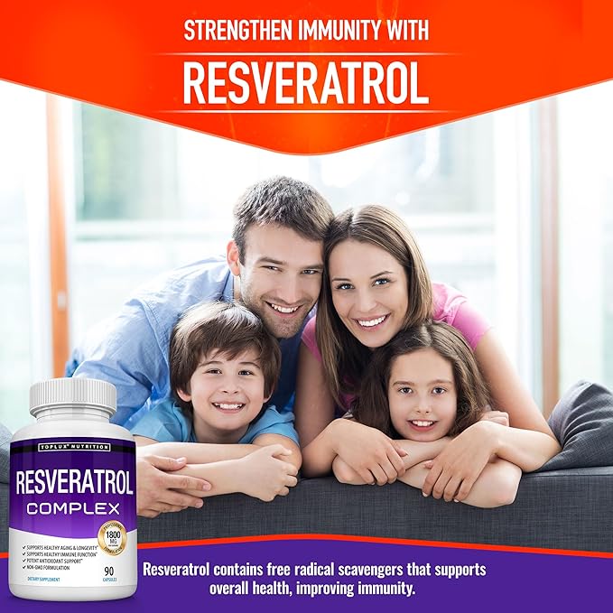 Resveratrol Supplement 1800 mg Antioxidant Complex - Highly Potent Natural Trans-Resveratrol Pills for Healthy Aging Overall Health Support Immune System Brain Function for Men Women 90 Capsules