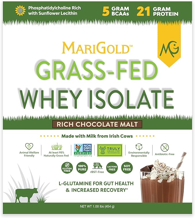 MariGold Grass-fed Whey Protein Isolate Powder - Rich Chocolate Malt Flavor - 1 Lb | 100% Pure Cold-Processed Micro-Filtered Undenatured Non-GMO rBGH Free Soy Free Gluten Free Lactose Free