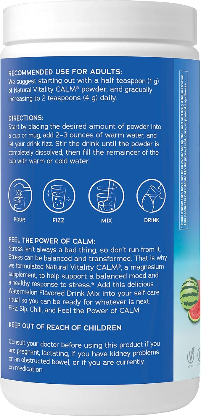 Natural Vitality Calm Magnesium Supplement Anti-Stress Drink Mix Powder Gluten Free Vegan &amp Non-GMO Watermelon 16 oz