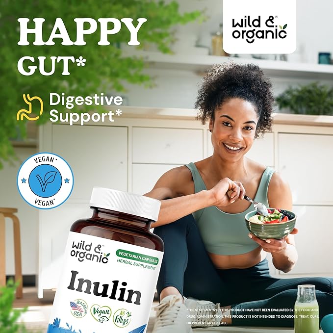 Wild &amp Organic Inulin Capsules 1400 mg - Digestive &amp Gut Support - Chicory Root Inulin Powder Supplement with Prebiotic Fiber - Vegan No Fillers Non-GMO - 90 Count