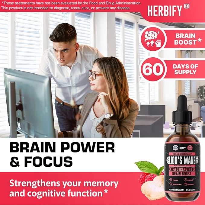 HERBIFY Lions Mane Supplement - Daily Mushroom Supplement for Memory Focus &amp Clarity - Brain Booster - Lions Mane Tincture for Natural Immune Support - 4 Fl Oz Raspberry Flavor