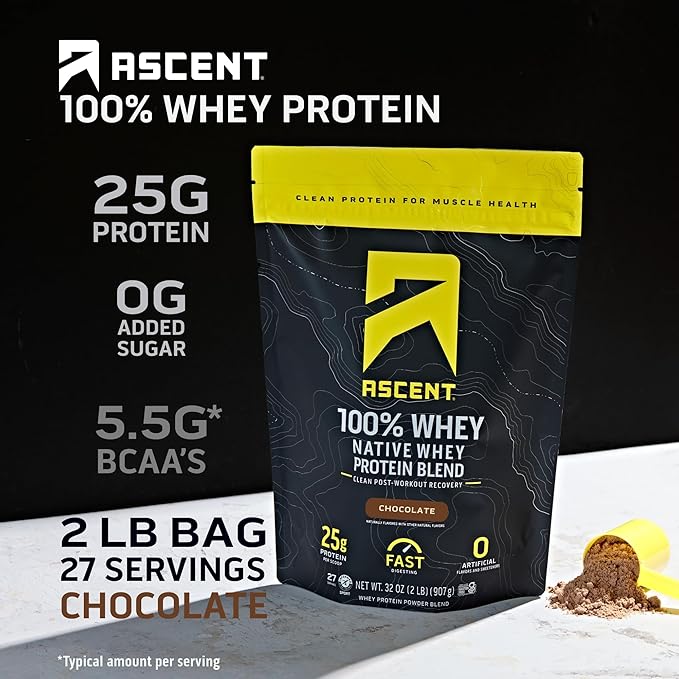 Ascent 100% Whey Protein Powder - Post Workout Whey Protein Isolate Zero Artificial Flavors &amp Sweeteners Gluten Free 5.5g BCAA 2.6g Leucine Essential Amino Acids Chocolate 2 lb