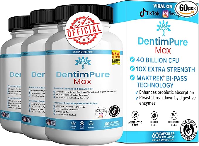 DentimPure Max Extra Strength Probiotic Supplement with 40 Billion CFU – Supports Teeth Gums Ear Nose Throat &amp Digestive Health – 60 Capsules (3)