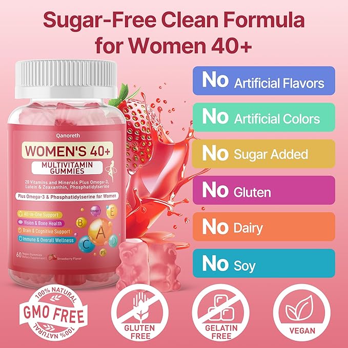 Multivitamin for Women Gummies for 40+ with Omega-3 Phosphatidylserine B-Complex Lutein Algae Calcium + Vitamin D3 for Brain Eye Energy Immune &amp Bone Support* – Vegan Sugar Free 120 Cts