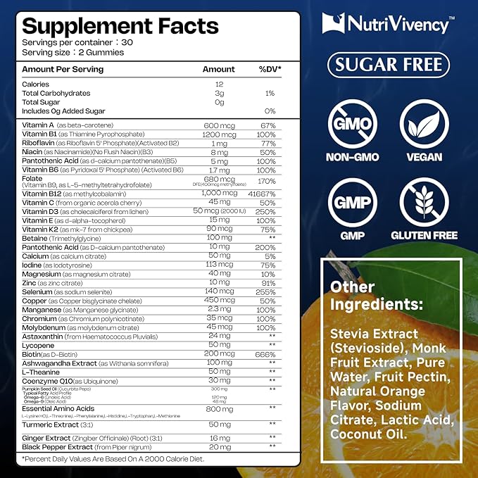 Methylated Multivitamins for Men Gummies Mens Multivitamin Gummies Vitamin A C D3 K2 E B6 B12 B Complex Magnesium CoQ10 Ashwagandha Pumpkin seed oil Astaxanthin Sugar Free Vegan 60 ct