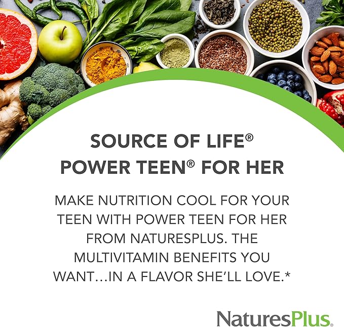 NaturesPlus Source of Life Power Teen for Her Natural Berry - 60 Chewable Tablets - High Potency Multivitamin - Sugar Free Vegan - 30 Servings