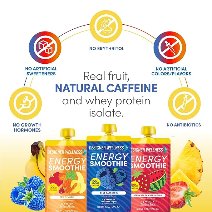 Designer Wellness Energy Smoothie Real Fruit 100mg Natural Caffeine 5g Protein Low Carb Zero Added Sugar Gluten-Free Variety Pack 12 Count