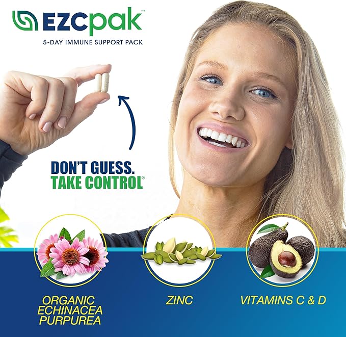 EZC Pak 5-Day Immune System Booster with Echinacea Vitamin C Zinc &amp Vitamin D - Tapered Immune Support Supplement for Adults - Supports Immunity Easy Travel-Size Supplement Pack