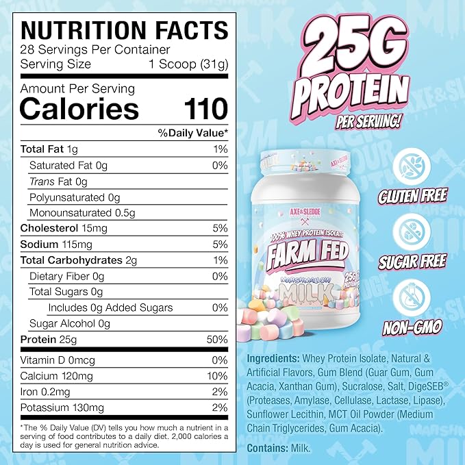 Axe &amp Sledge Farm Fed 100% Whey Protein Isolate | 25g Protein | Low Carb Low Sugar Soy Free Gluten Free | Protein Powder for Men and Women | Keto | Made in The USA | 28 Servings Marshmallow Mi