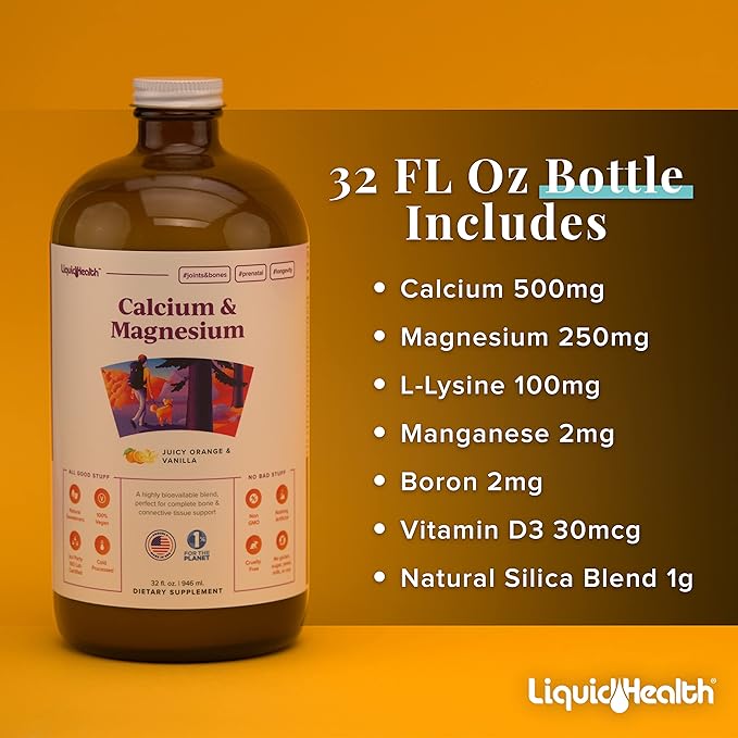 LIQUIDHEALTH Calcium with Magnesium Joint Support + Kids Attention Calm and Focus Children Memory Support Supplement Bundle