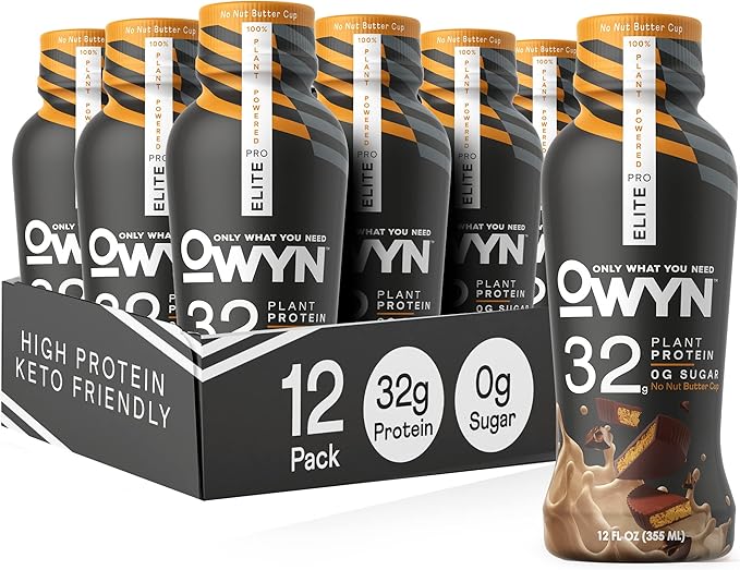 OWYN Only What You Need Pro Elite Vegan High Protein Keto Shake 32g Protein 12 Fl Oz (Pack of 12) and Pro Elite Vegan Plant-Based High Protein Keto Shake No Nut Butter Cup 32g Protein (Packaging M