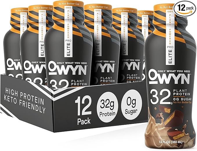 OWYN Only What You Need Pro Elite Vegan High Protein Keto Shake 32g Protein 12 Fl Oz (Pack of 12) and Pro Elite Vegan Plant-Based High Protein Keto Shake No Nut Butter Cup 32g Protein (Packaging M