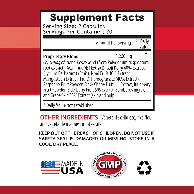 Amplify Your Natural Stamina - RESVERATROL SUPREME COMPLEX - Resveratrol Extract with Goji Berry Acai Noni Pomegranate Mangosteen Superfruit Blend Antioxidant Immune Support 3 Bot 180 Caps