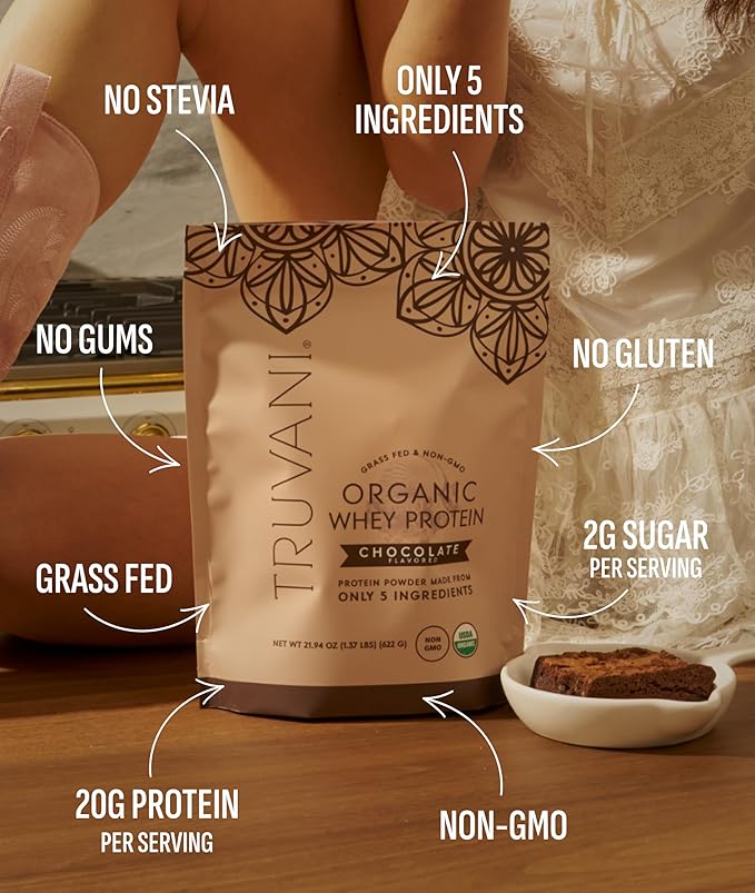 Truvani Organic Whey Protein Powder | Chocolate | 20g Grass Fed Whey Protein | 20 Servings | USDA Organic &amp Non-GMO | Gluten Free | No Gums No Soy No Stevia No Added Sugars