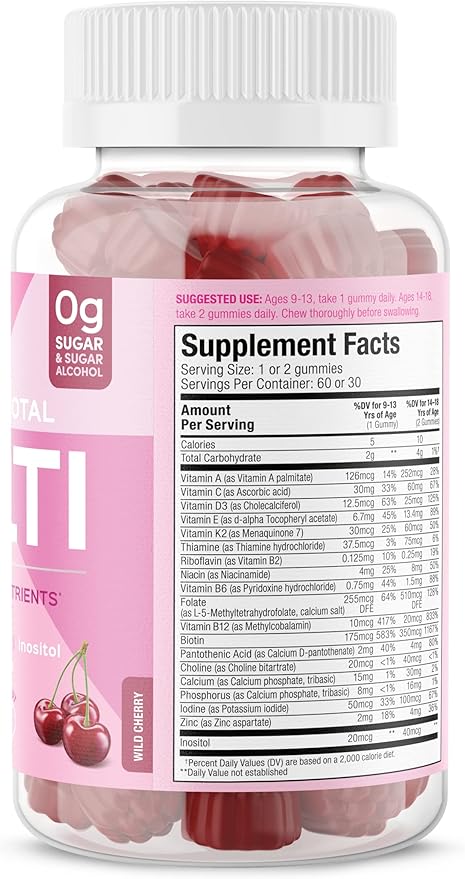 SUKU Teen Girl Multivitamin Gummies – Vitamins A B12 C D3 E Biotin &amp Zinc – Sugar-Free Vegetarian Supplement for Skin Energy Immune &amp Bone Health – Cherry Flavor – 60 Count