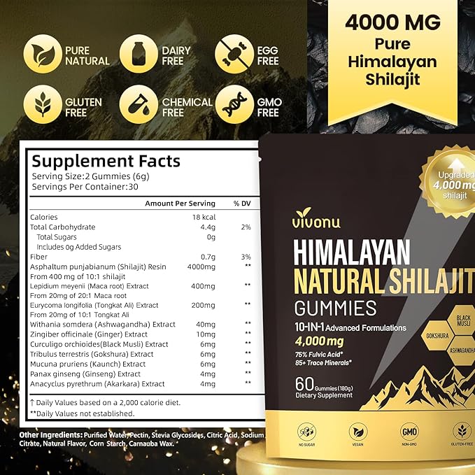 Shilajit for Men &amp Women Gummies | 4000mg High Potency 10-in-1 Formula with Pure Himalayan Shilajit Ashwagandha and 75% Fulvic Acid | Sugar-Free Vegan 85+ Trace Minerals