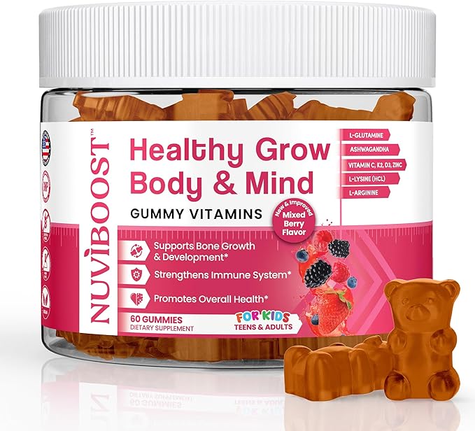 Healthy Grow Height Growth Gummies Rich in Calcium Vitamins C D3 K2 L-Arginine Ashwagandha and Others Boost Bone Health &amp Immunity Multivitamin for Kids 5+ Teens and Adults.