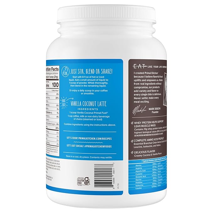Primal Kitchen Primal Fuel Vanilla Coconut Whey Protein Drink Mix Gluten and Soy Free 1.85 Pounds