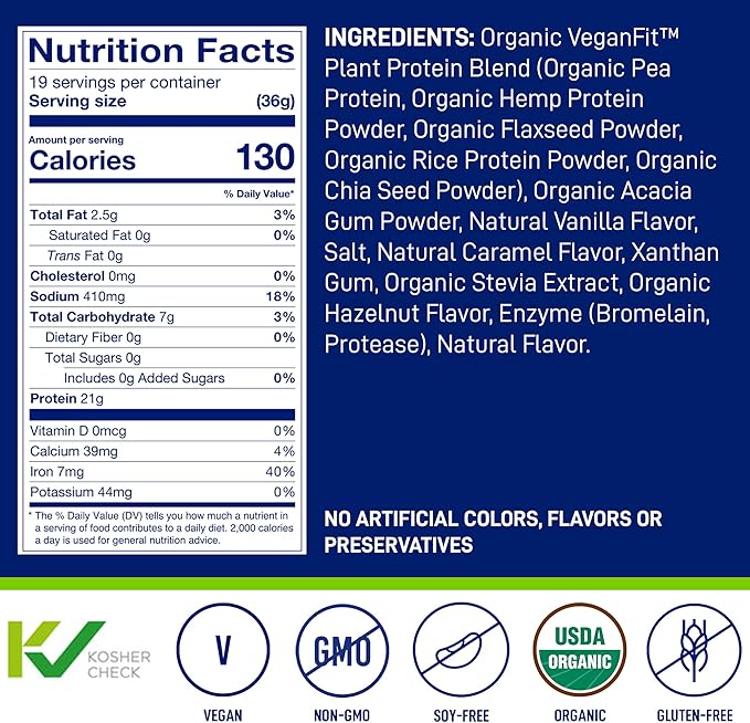LeanFit Organic Plant-Based Protein Powder Natural Vanilla Flavor - Vegan USDA Organic Certified Soy-Free Gluten-Free Dairy-Free Sugar-Free Non-GMO - 21g Protein 19 Servings 1.58 Pound Tub