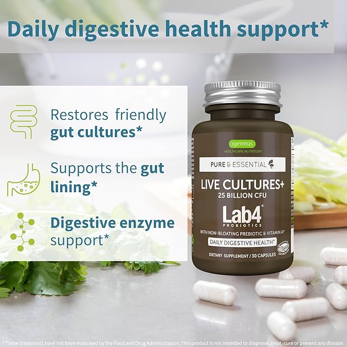 Daily Vitamin D3 + Live Cultures+ Lab4 Probiotics Bundle 365 2000iu Vitamin D3 Tablets + 25 Billion CFU Lactobacillus Acidophilus &amp Bifidobacterium with Non-Bloating Prebiotic by Igennus