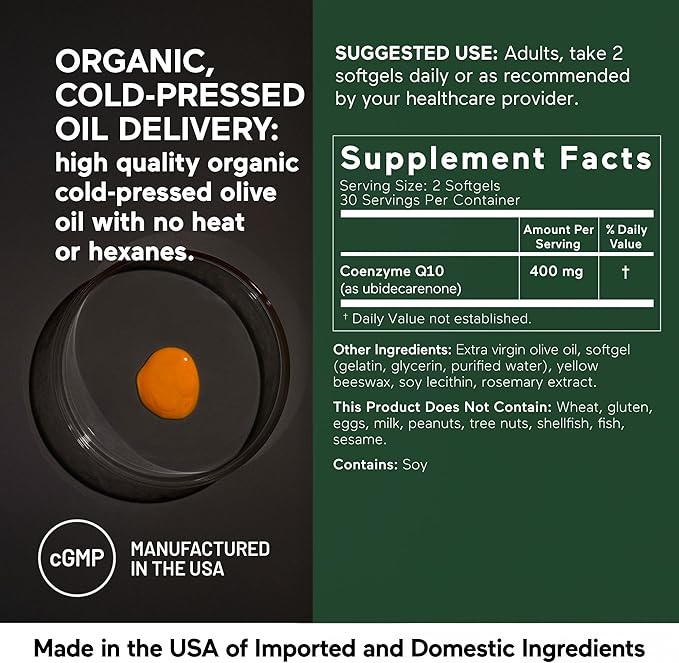 SMARTERNUTRITION CoQ10 400 mg High Absorption - Naturally Fermented Ubiquinone w/Organic Cold-Pressed Olive Oil - for Heart Health Cellular Energy - Non-GMO Gluten Free - 360 Count[180-Day Supply]
