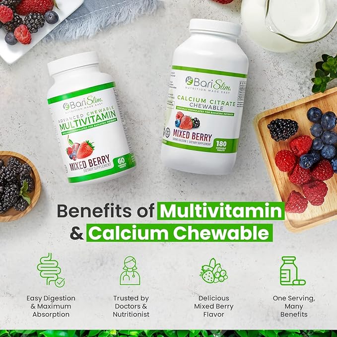 BariSlim Bariatric Calcium Citrate &amp Advanced Chewable Bariatric Multivitamin with Iron - Bariatric Vitamin and Supplement for Post Bariatric Surgery Including Gastric Bypass and Gastric Sleeve
