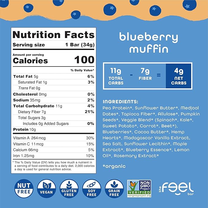Feel Bar Minis – Kids Protein Bars | Blueberry Muffin | 10g Plant Protein | 100 Calories | No Added Sugar | + Daily Veggies | Gluten Free No Nuts No Soy No Dairy No Grains (12 Pack)