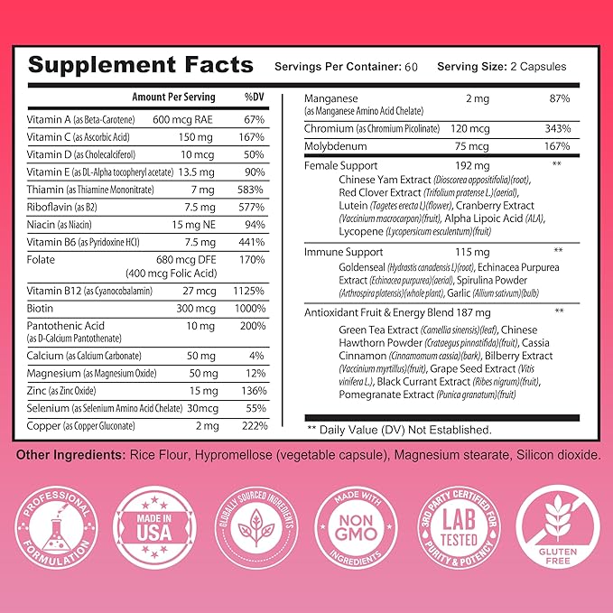 Multivitamin for Women - Supplement for Energy Immunity &amp Female Support - Daily Vitamins for Women with Biotin Calcium Magnesium - Non-GMO Vegetarian Women’s Multivitamin - 120 Caps