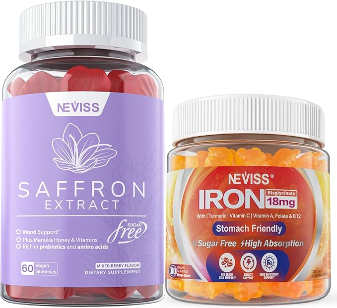 1Pack Saffron Supplement Gummies 100% Pure Saffron Extract Whole Herb Gummies + 2P Vegan Iron Gummies Supplement with Vitamin C B12 Folate &amp Turmeric