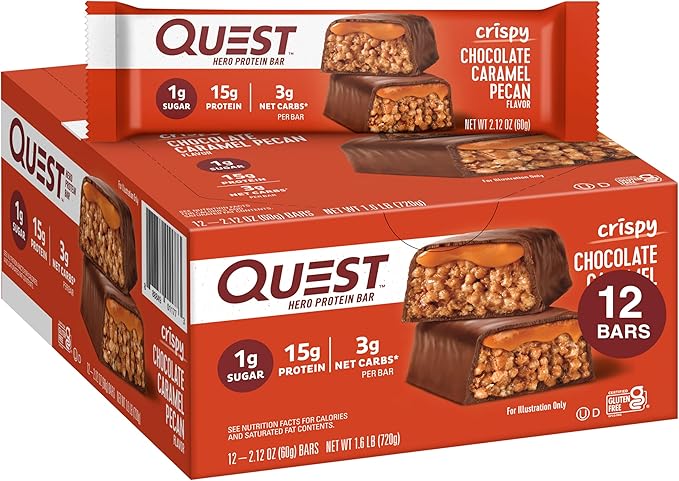 Quest Nutrition Crispy Chocolate Caramel Pecan Hero Protein Bar 15g Protein 1g Sugar &amp High Protein Low Carb Gluten Free Keto Friendly Peanut Butter Cups 12 Count