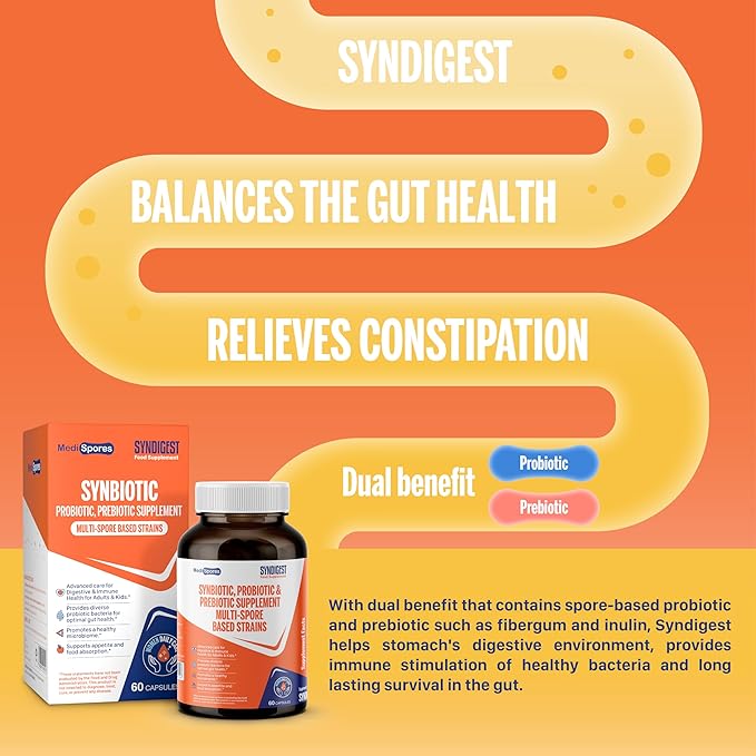 Syndigest probiotic daily care for women &amp men with dual benefit of 5 probiotic &amp prebiotic strains balance gut health &amp relieves constipation travel friendly 60 capsules (2 billions CF