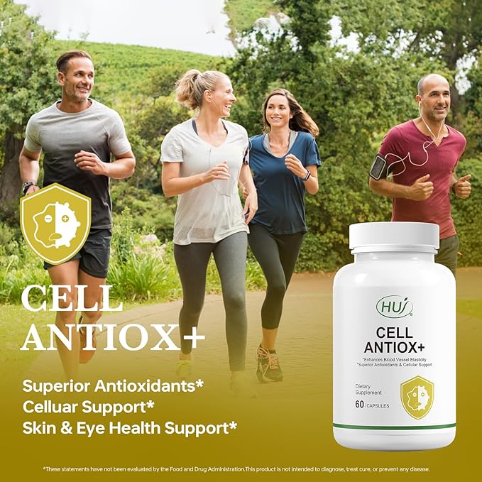 HUJ Cell Antiox+ Supplement - Superior Antioxidants &amp Cellular Support - Contains Grape Seed Extract Pomegranate Extract Resveratrol and Vitamins C and E - 60 Capsules