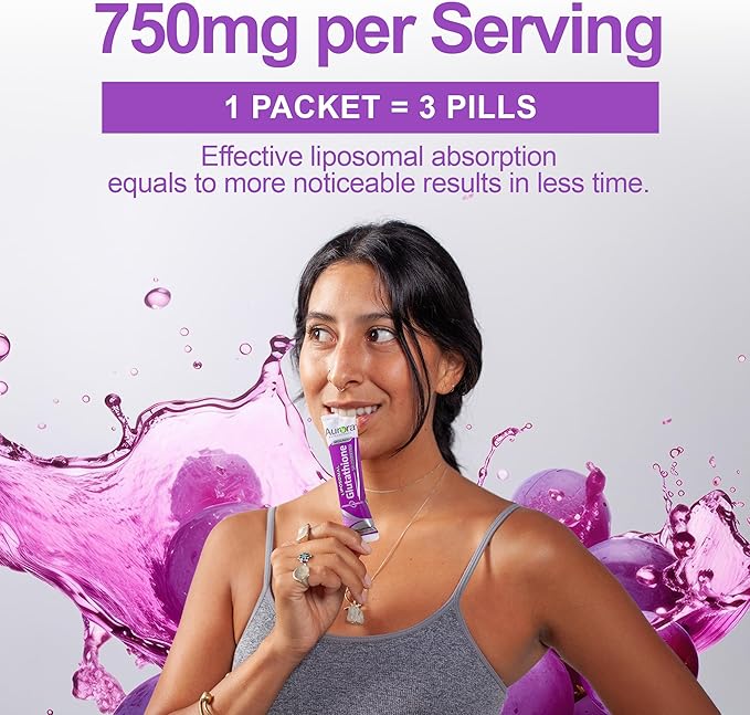 Aurora Nutrascience Mega-Pack Liposomal Glutathione Immune System Support Antioxidant 750 mg per Serving 32 Single-Serve Packets Gluten Free Non-GMO Sugar-Free 16 fl oz (480mL)