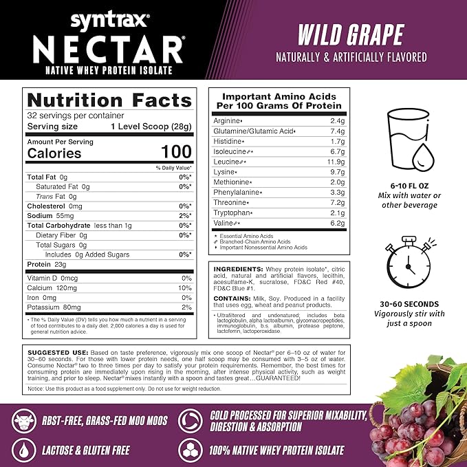 Syntrax Nutrition Nectar 100% Whey Protein Isolate Powder Refreshing Fruit Juice Flavor Wild Grape 2 lbs.