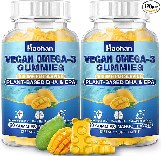 Omega-3 Gummies for Adults Orange Flavor – Sugar-Free Algae-Derived DHA 600mg &amp EPA 300mg with Vitamins A C E Zinc 120 Gummies
