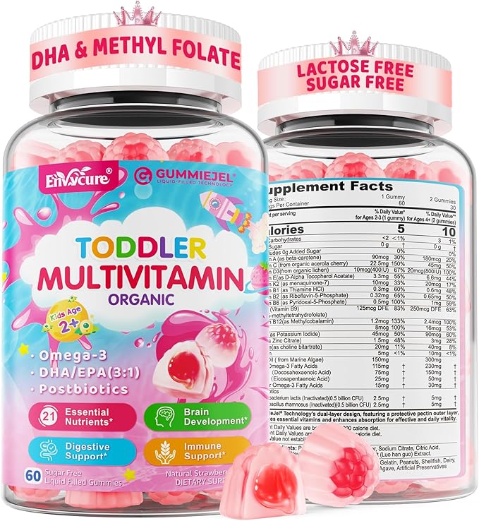 Organic Toddler Multivitamin Gummies + Omega-3 (DHA/EPA) Postbiotics | kids 2+ multivitamin | Vitamins A C D3 Methyl B12 Folate Zinc for Immune Digestive Brain Healthy Growth Sugar-Free 60Cts
