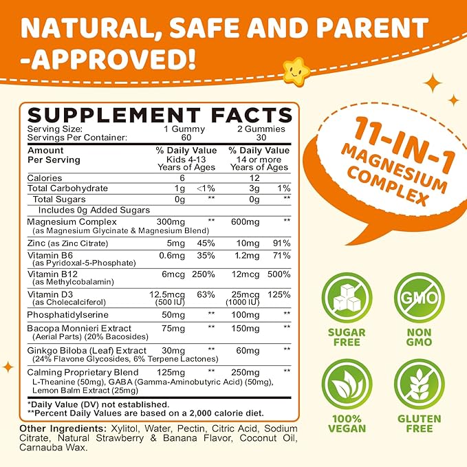 Magnesium Glycinate Gummies for Kids Brain Supplement for Memory and Focus with Phosphatidylserine L-Theanine Zinc for Kids &amp Adults Sleep Cognition Calm Strawberry &amp Banana Flavor 120ct