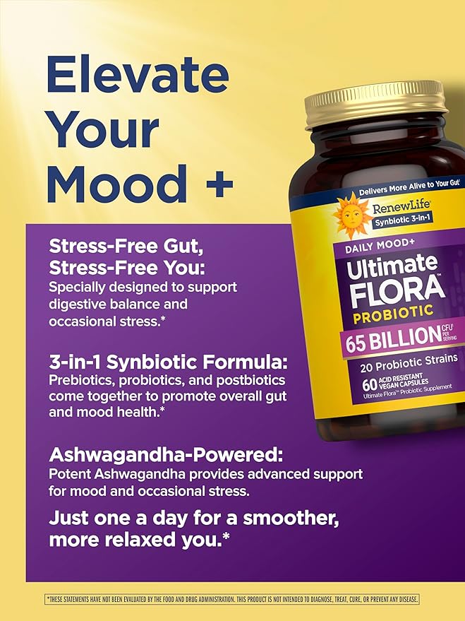 Renew Life Ultimate Flora Probiotics Daily Mood Support 65 Billion CFU Delayed Release Vegan Capsules with Ashwagandha | Digestive Health | Immune Health | Dairy Free | 60 Count
