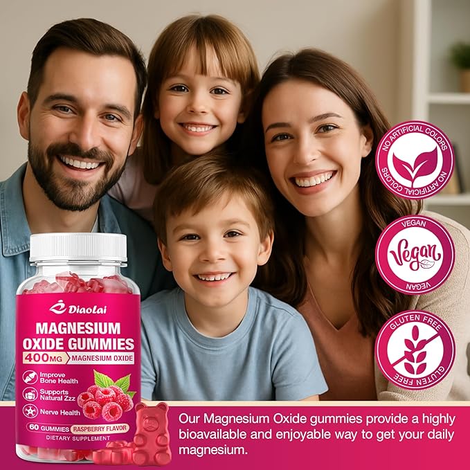 Magnesium Oxide Gummies 400mg for Nerve &amp Muscle Support - Chewable Supplement for Adults &amp Kids Sugar-Free Non-GMO Raspberry Flavor 120 Count