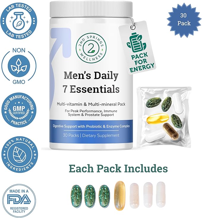 Daily 7 Essentials Men's Vitamin Pack - 7 Pack Adult Male Multivitamin &amp Multimineral Pack for Energy Metabolism Immune System Support Prostate Support with Probiotic Digestive Enzymes