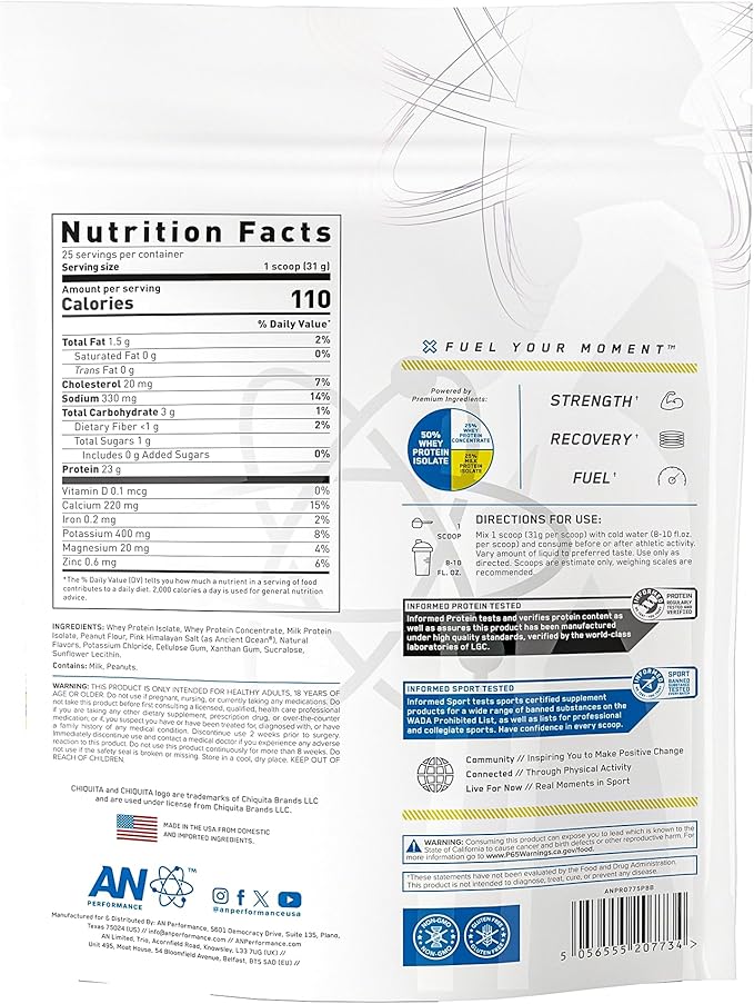 AN Performance Whey Protein Powder | Chiquita Banana Peanut Butter | 23g Protein 1g Sugar 100% Whey | Gluten-Free Low Carb Low Fat | Keto Friendly | Essential Amino Acids for Muscles | 25 Servings