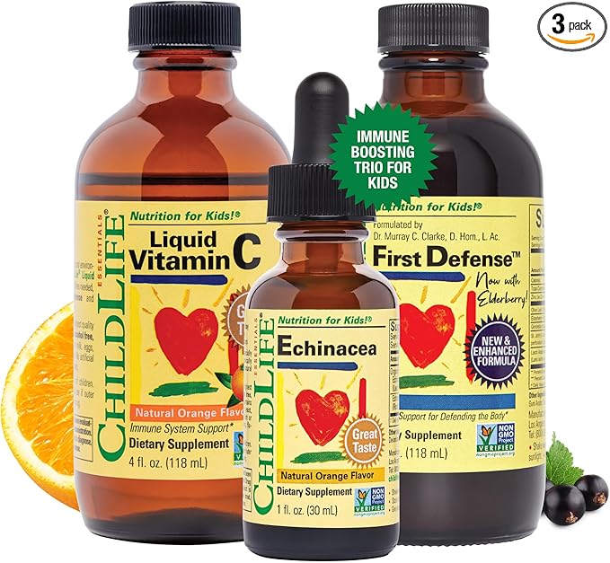 CHILDLIFE ESSENTIALS Immune Support 3-Pack - Liquid Vitamin C First Defense and Echinacea - Immune Boosting Supplements for Infants Toddlers and Kids