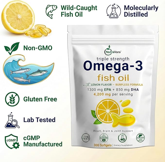 Triple Strength Omega-3 Fish Oil – 4200 mg Per Serving with 1300 mg EPA + 850 mg DHA – Lemon Flavor Burpless Formula – Wild-Caught Non-GMO Gluten-Free – 300 Softgels