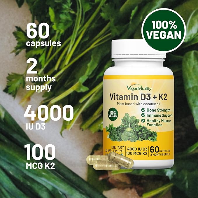 Vegan Vitality Skin &amp Brain Bundle 2 Months Supply - D3 K2 Lion's Mane Omega 3 Algae Oil and Vegan Collagen
