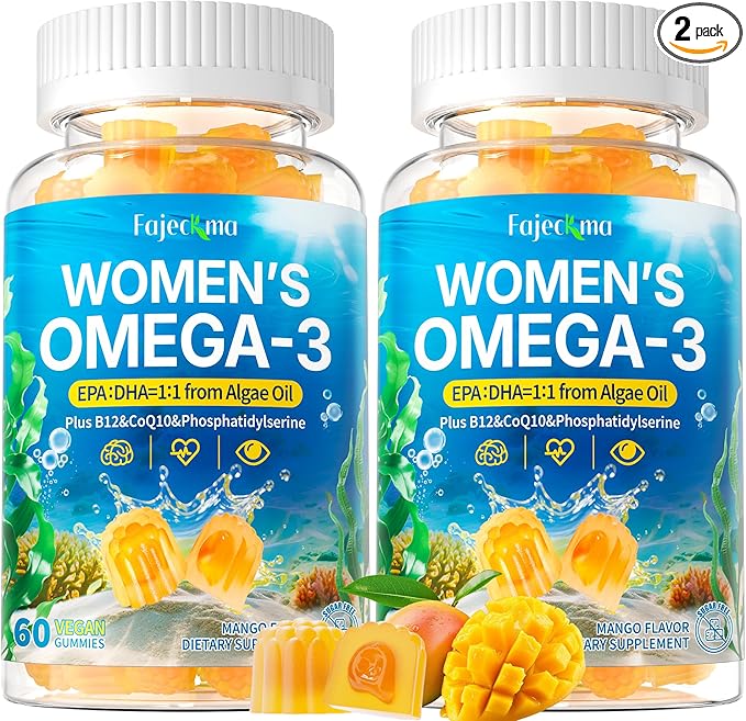 Women’s Omega-3 Gummies Supplement: 1280mg Vegan Sugar Free Omega Fatty Acid DHA EPA with Vitamin D3 Coq10 Magnesium for Focus Health Support - Fish Oil Alternative for Women Adults(120Count)
