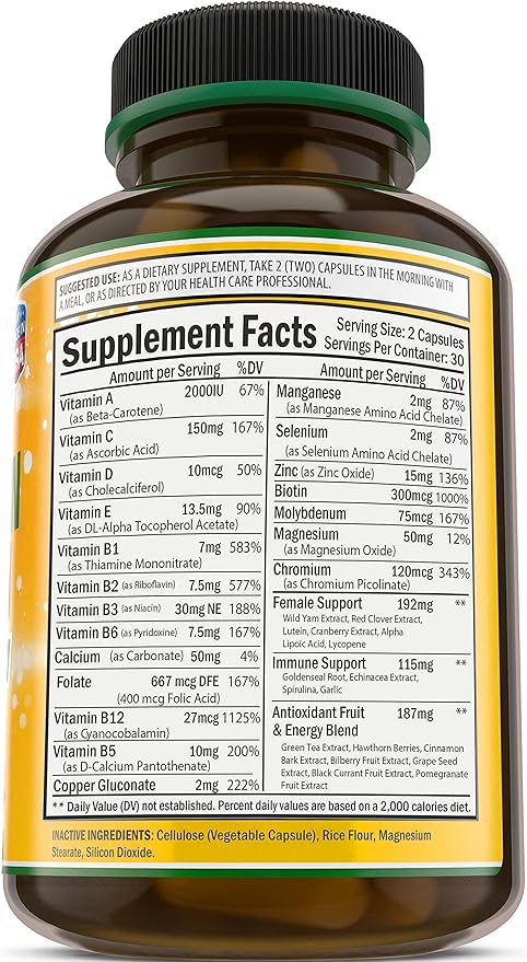 Women's Multivitamin Supplement. Vitamins A C D E &amp Vitamin B Complex. Immune &amp Female Support + Antioxidant &amp Natural Energizers. Non-GMO Gluten Free Made in the USA60 Caps